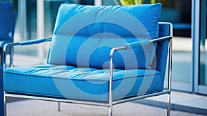 Closeup of blue lounge chair. Modern minimalist home living room interior. materials for furniture finishing