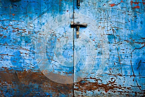 Closeup blue metal door with lock in grungy style