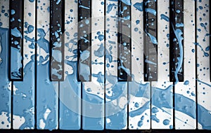 Closeup of blue painted old piano decorated