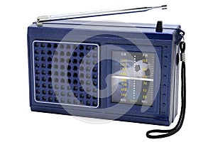 Closeup of blue vintage retro radio on white background.Clipping path included.