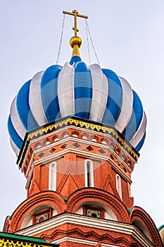 Closeup of blue and white dome on St. Basil`s Cathedral on the Red Square