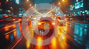 Closeup of blurred car headlights on a nighttime highway capturing the rush of traffic and movement