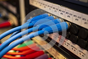 Closeup of BNC SDI signal cables plugged on path panel,select focus