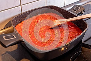 Closeup of boiling chopped tomatoes sauce in a pan