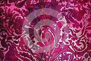 A closeup of a bold magenta damask fabric with its bold patterns and eyecatching patterns. Trendy color of 2023 Viva