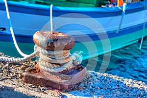 Closeup of bollard in the harbor