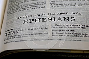 Closeup of the Book of Ephesians from Bible, with focus on the Title of religious text.