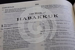 Closeup of the Book of Habakkuk from Bible or Torah, with focus on the Title of Christian and Jewish religious text.