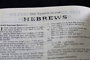 Closeup of the Book of Hebrews from Bible, with focus on the Title of religious text.