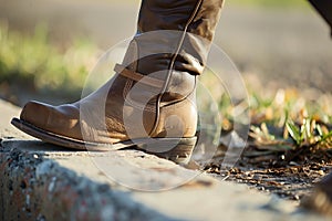 closeup of boots stepping off a curb