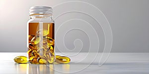 A closeup of a bottle of cod liver oil capsules a source of omeg. Concept Healthy Living, Cod Liver