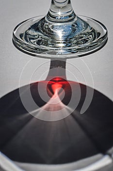 Closeup of the bottom of a glass of red wine with shadows and reflections