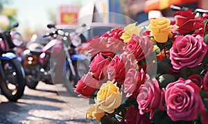 Closeup Bouquet Of Yellow Pink Roses, Monocycles On Background In Street. Rose Parade Or
