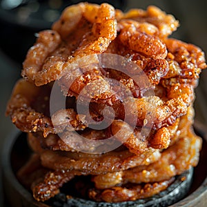 Closeup of a bowl filled with a stack of crispy deepfried fast food items