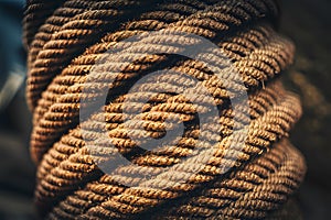 Closeup of braided rope roll, technological background texture