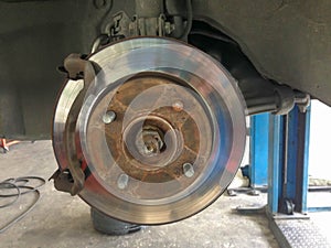Closeup brake discs of the vehicle for repair.