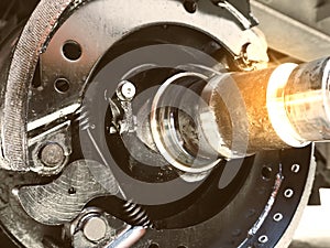 Closeup brake pads of a truck trailer