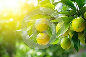 Closeup of a branch of citrus tree with green leaves and lemons growing on branch.