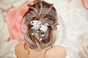 Closeup of Bridal wedding hairstyle with jewelry wreath. Back view. Elegant bride with Wavy hair