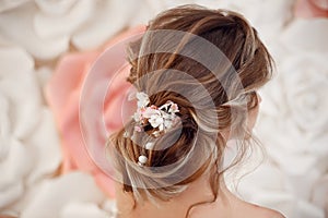 Closeup of Bridal wedding hairstyle with jewelry wreath. Back view. Elegant bride with Wavy hair