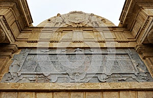 Closeup of the Bridge Gate -Puerta del Puente- Arc de Triomphe located at entrance of the Roman Bridge in Cordoba, Andalusia, Spai