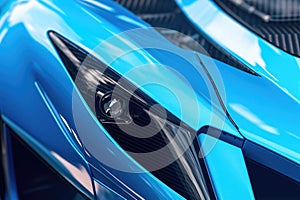 Closeup of a bright blue drag racing car with a bright white racing stripe and a silver grille. Speed drive concept. AI