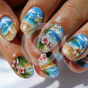 Closeup Of Brightly Colored Tropical Summer Themed Painted Fingernails