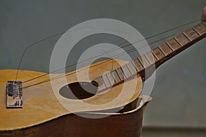 Closeup of a broken acoustic guitar