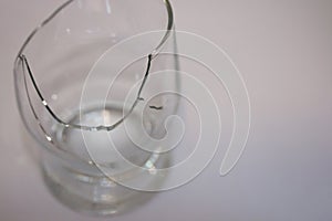 Closeup of broken transparent drinking glass in the kitchen