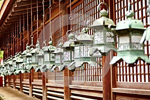 Closeup of bronze lanterns in Kasuga shrine, Nara