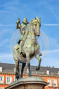 Statue of King Philip III in Plaza Mayor - Madrid Downtown Spain