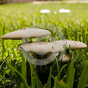 Closeup of brown and beige False parasol mushrooms in the green forest