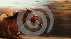 closeup of a brown horse in motion, running against a scenic background