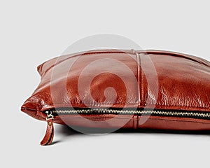 Closeup of brown leather cushion with metal side zipper