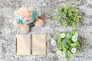 Closeup brown note book diary with blank brown paper space at page with brown pen with artificial plant and bear doll on gray carp
