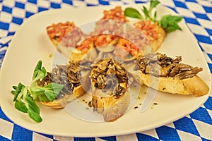 Closeup of Bruschettas with Mushrooms Plate