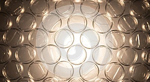 Closeup of bubble wrap showing the texture and pattern of the clear plastic bubbles