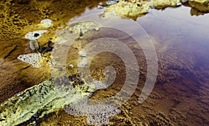 Closeup of bubbles on red acidic and polluted Rio Tinto River due to mining, in Spain