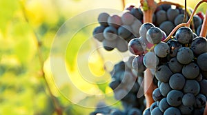 Closeup on bunches of black grapes in vineyards, Tuscany, Italy