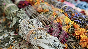 A closeup of a bundle of dried herbs and flowers representing the wisdom of generations of indigenous healers and their photo