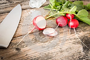 Closeup of a bundle of radishes