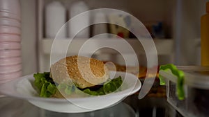 Closeup of burger in fridge, junk food concept, unhealthy nutrition, calories