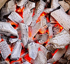 Closeup burning charcoal growing heat