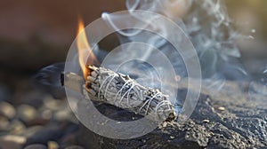 A closeup of a burning smudge stick used to cleanse and purify a space before an energy healing session. The smoke