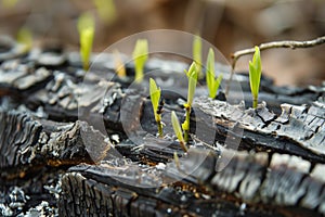 closeup of a burnt log with fresh green shoots sprouting through ash