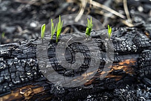 closeup of a burnt log with fresh green shoots sprouting through ash