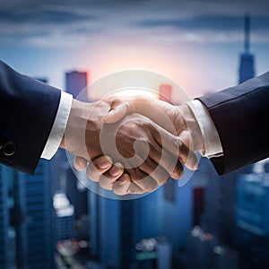 Closeup business handshake with city background, symbolizing success, teamwork, and agreements