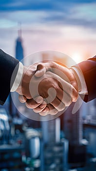 Closeup business handshake with city background, symbolizing success, teamwork, and agreements photo