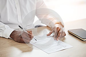 Closeup, business and man with a document, writing and insurance with a pen, planning and form. Zoom, person and