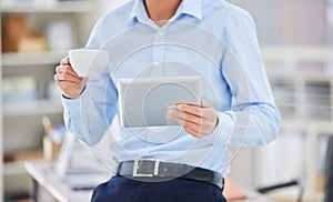 Closeup, business and man with a tablet, planning and search internet with entrepreneur, online reading and break with